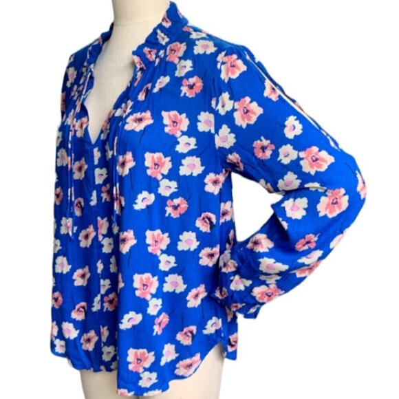 Lucky Brand Floral V-Neck/Tie-Neck Top Slit Shoulder Sz M Blue Pink 52G - Picture 4 of 12